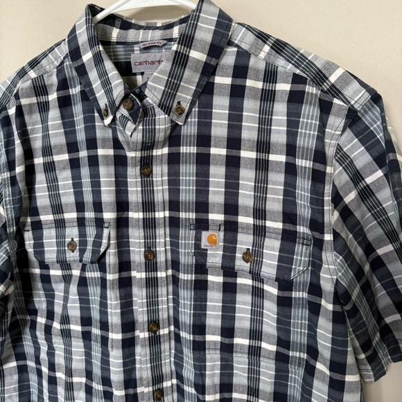 Carhartt Men's Large Relaxed Fit Blue White Plaid Short Sleeve Button Down Shirt - Picture 2 of 7